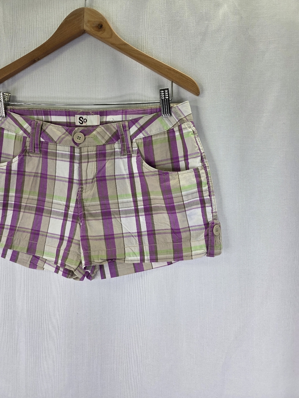 SO Y2k Vintage Low Rise Preppy Plaid Mini Shorts Pink Green Size 9 Juniors 2000s - Picture 4 of 13